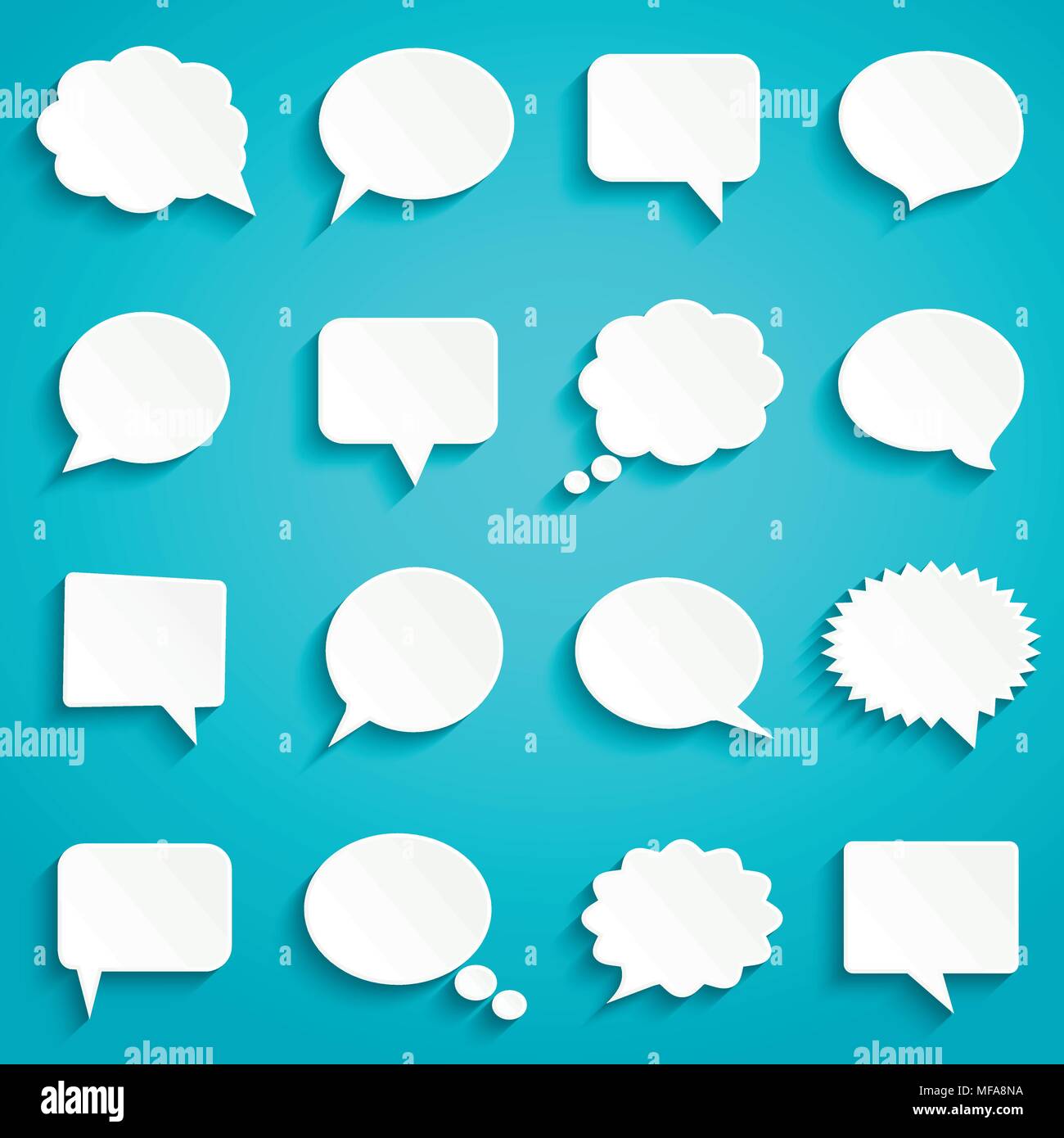 Abstract white speech bubbles set on blue background, paper art style ...