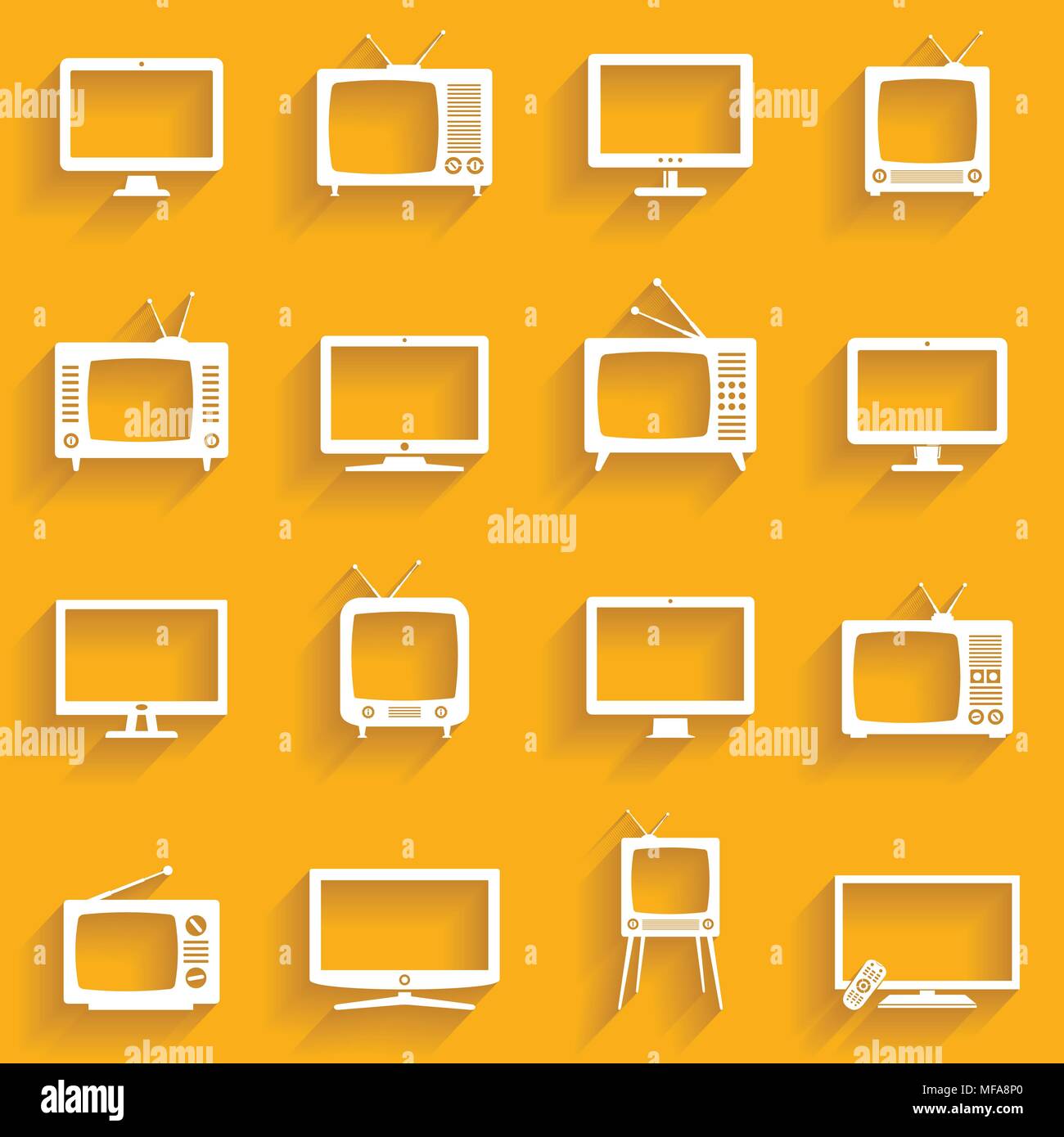 Modern and Retro TV icons set. Flat design with long shadow. Vector illustration. Stock Vector