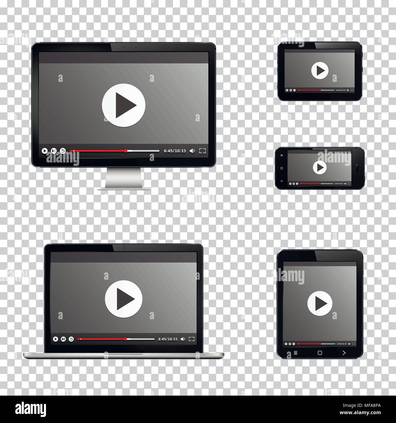 Set of modern digital devices isolated on transparent background. Video player template. Vector illustration Stock Vector