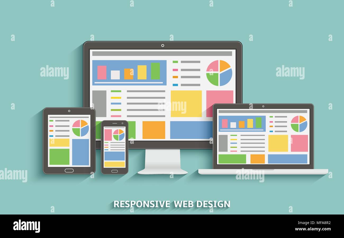 Responsive web design. Web design technology devices. Laptop, desktop computer, tablet and mobile phone. Vector EPS10. Stock Vector
