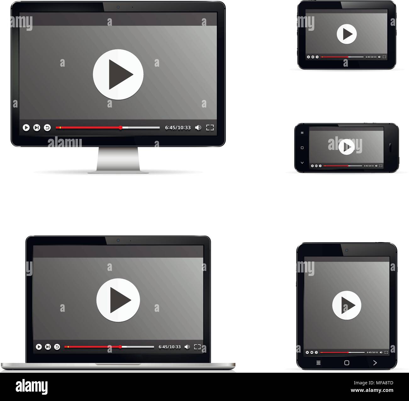 Modern digital devices with web video player on screen. Isolated on white background. Vector illustration. Stock Vector