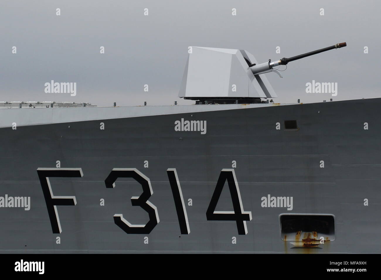 An OTO Melara 76mm naval gun, used on KNM Thor Heyerdahl (F314), a Fridtjof Nansen-class frigate operated by the Royal Norwegian Navy. Stock Photo