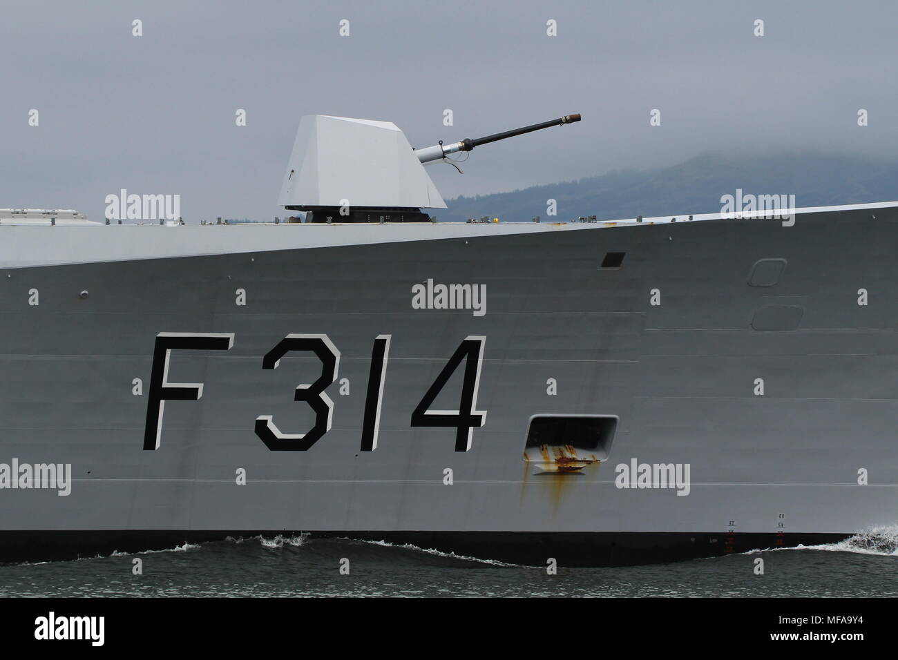 An OTO Melara 76mm naval gun, used on KNM Thor Heyerdahl (F314), a Fridtjof Nansen-class frigate operated by the Royal Norwegian Navy. Stock Photo