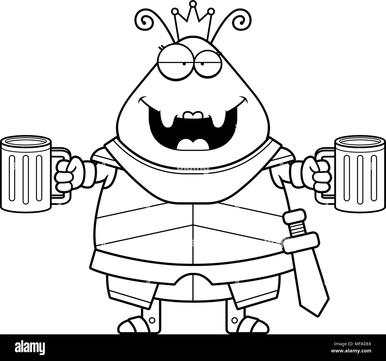 A cartoon illustration of an ant queen in armor looking drunk. Stock Vector