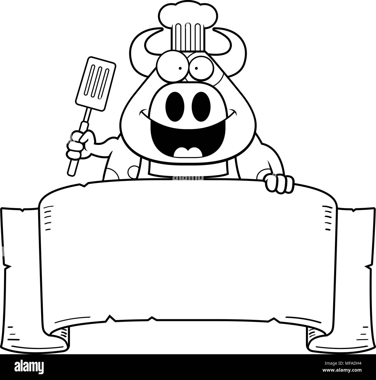 A Cartoon Illustration Of A Cow Chef Holding A Banner Stock Vector