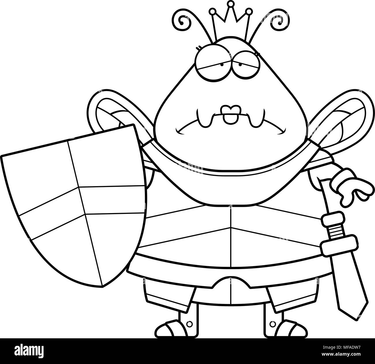 A cartoon illustration of a bee queen in armor looking sad. Stock Vector