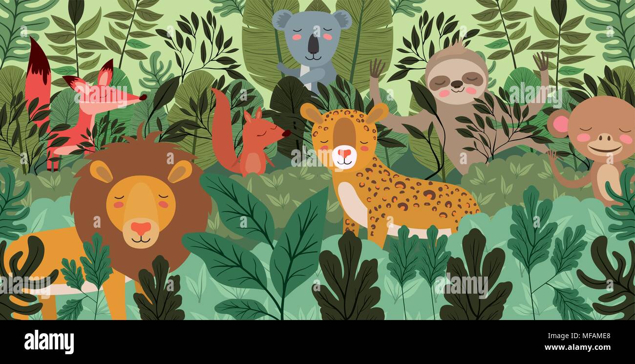 group of animals in the forest scene vector illustration design Stock ...