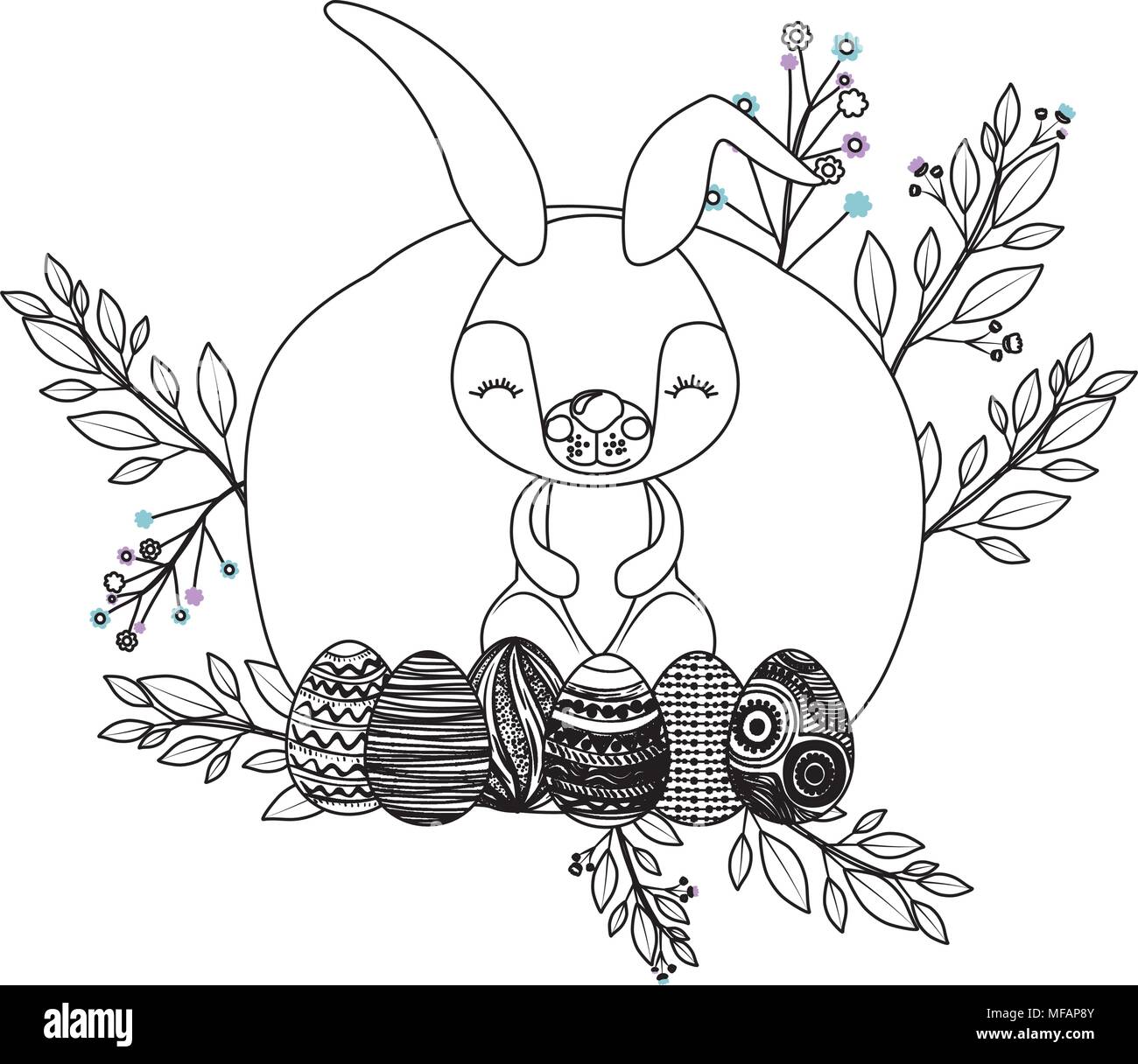 cute rabbit with egg and wreath easter celebration vector illustration ...