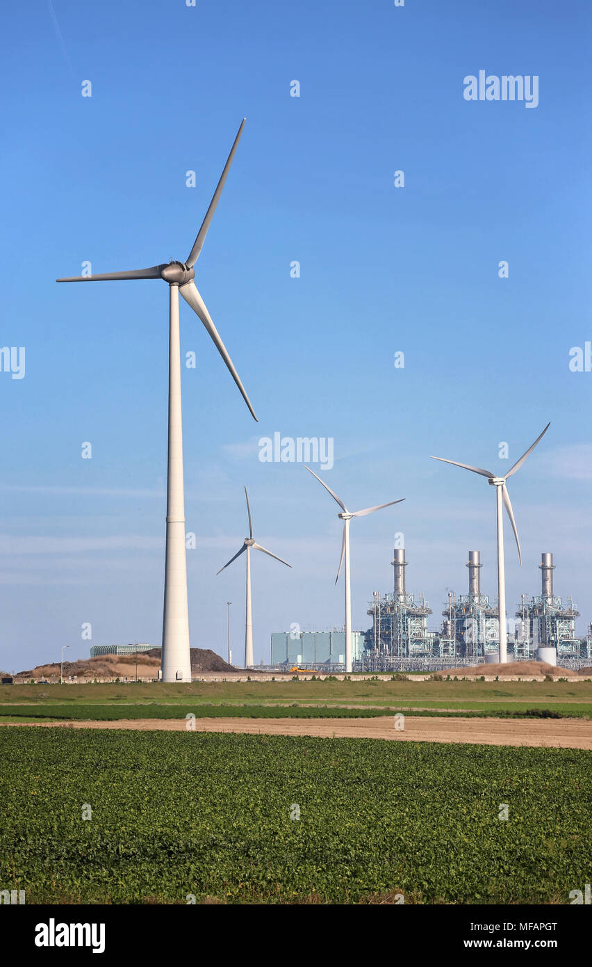 Wind farm Westereems with gas-fired power plant Stock Photo