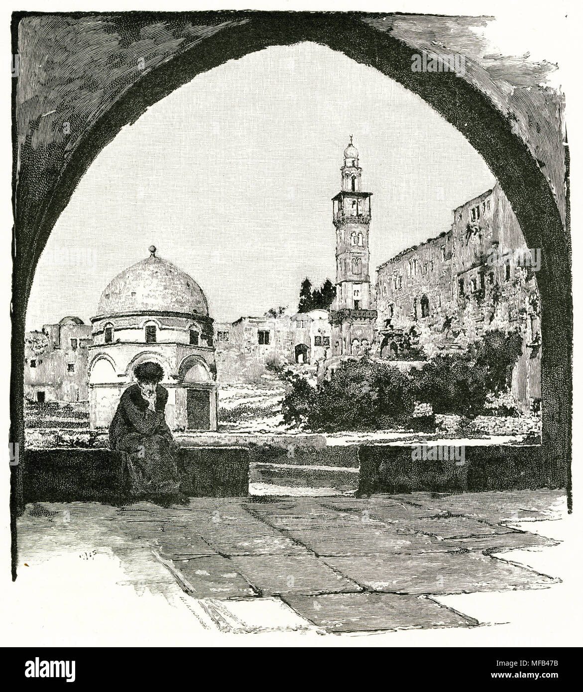 Engraving of the north end of the temple area in Jerusalem. From an original engraving in the 1891 edition of In Scripture Lands by Edward L Wilson Stock Photo