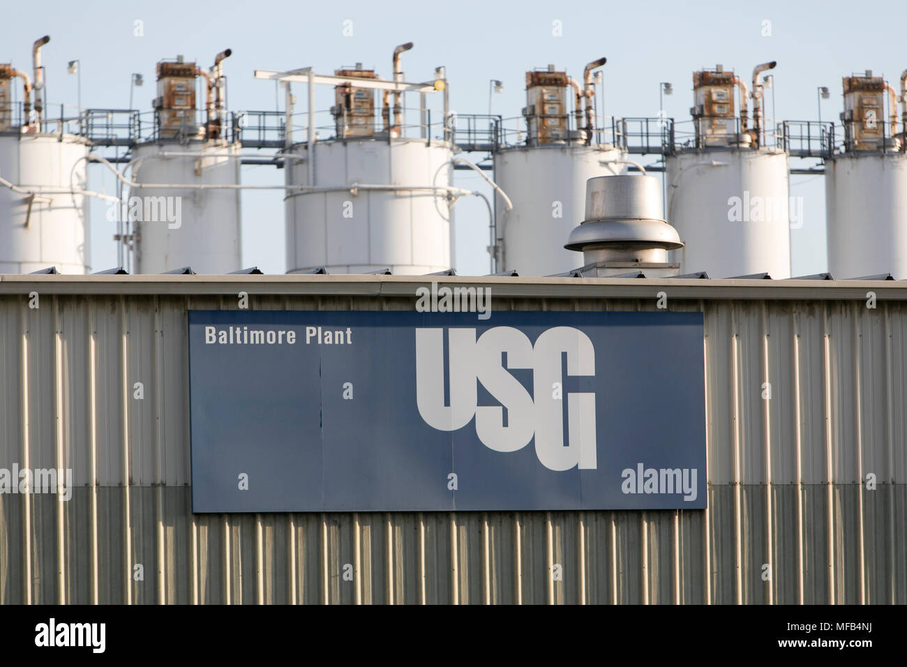 A logo sign outside of a facility occupied by the USG Corporation, also