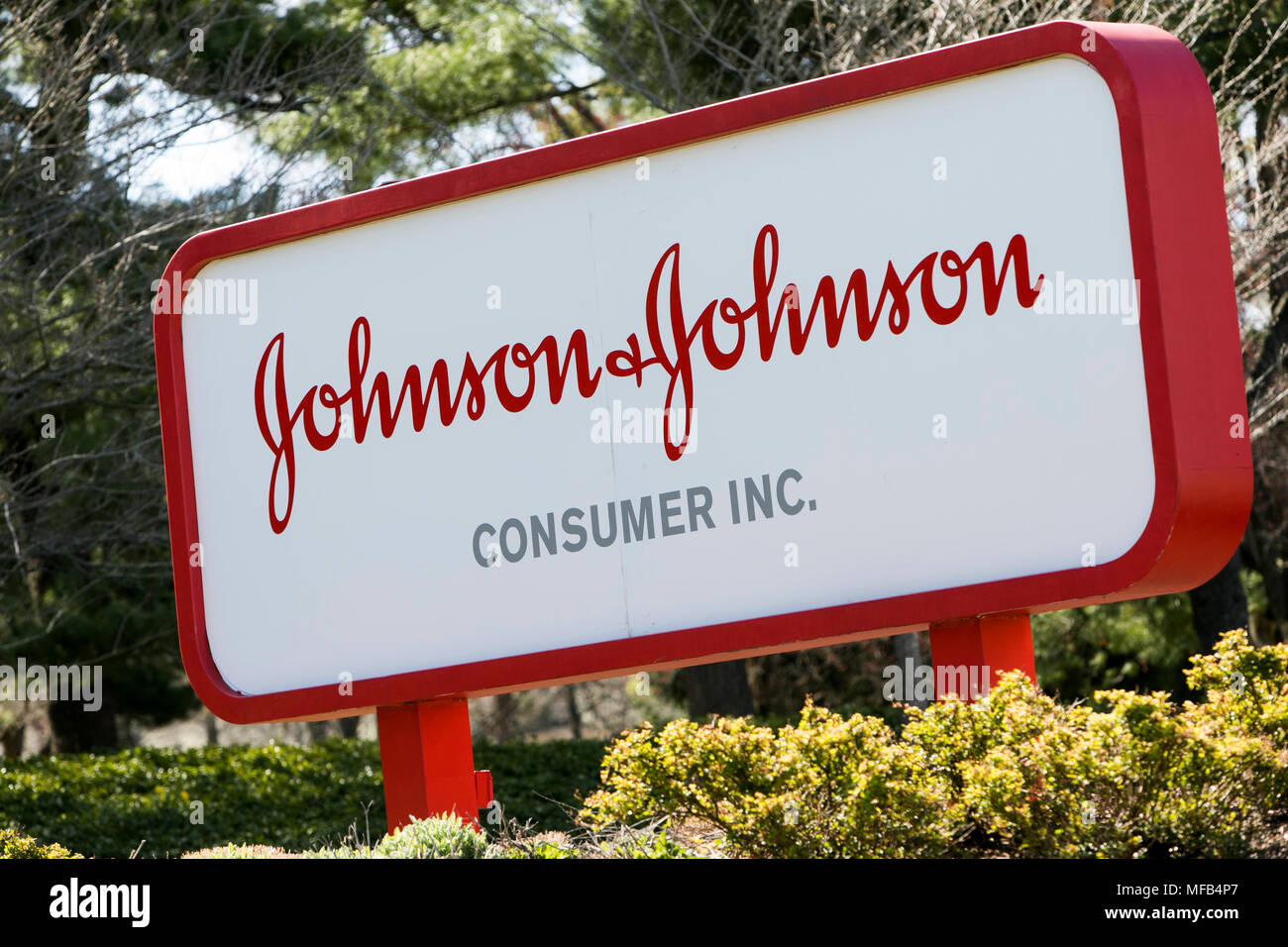 A logo sign outside of a facility occupied by the Johnson & Johnson consumer division in Fort Washington, Pennsylvania on April 22, 2018. Stock Photo