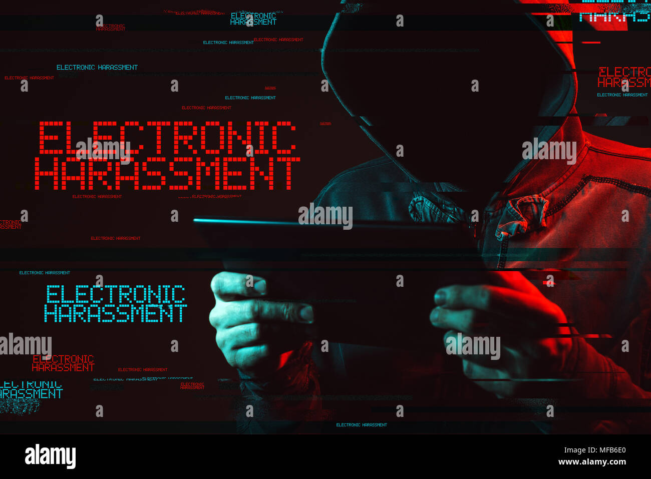 Electronic harassment concept with faceless hooded male person using tablet computer, low key red and blue lit image and digital glitch effect Stock Photo