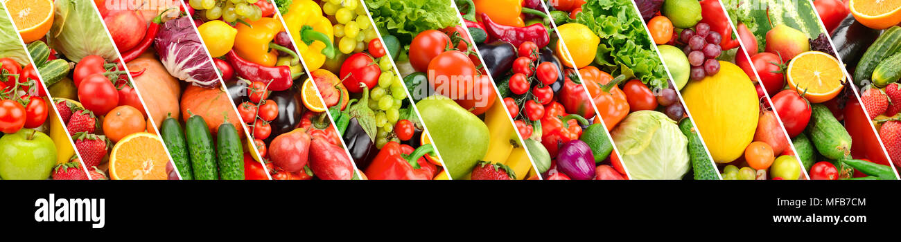 Panoramic collection fresh fruits and vegetables separated oblique stripes. Stock Photo