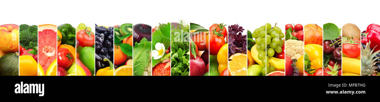 Panoramic image healthy fruits and vegetables in vertical strip isolated on white background. Copy space. Stock Photo