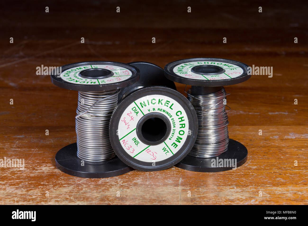 Different coils of nickel chrome (nichrome) wire as used in a UK secondary/high school. Stock Photo