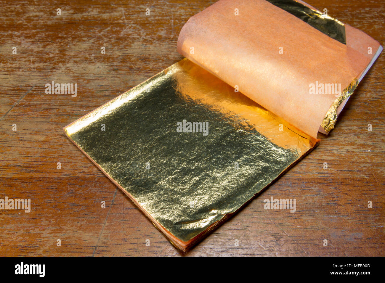 A book of gold leaf for use with a gold leaf electroscope.  As used in a UK secondary/high school. Stock Photo