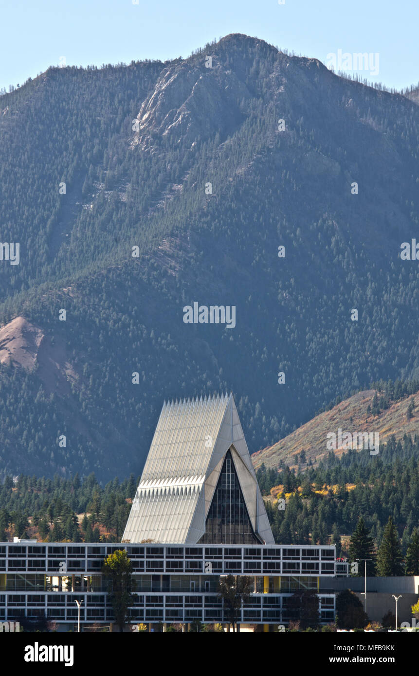 The Air Force Academy Chapel makes a unique mark on the landscape in Colorado Springs, Colorado. Stock Photo