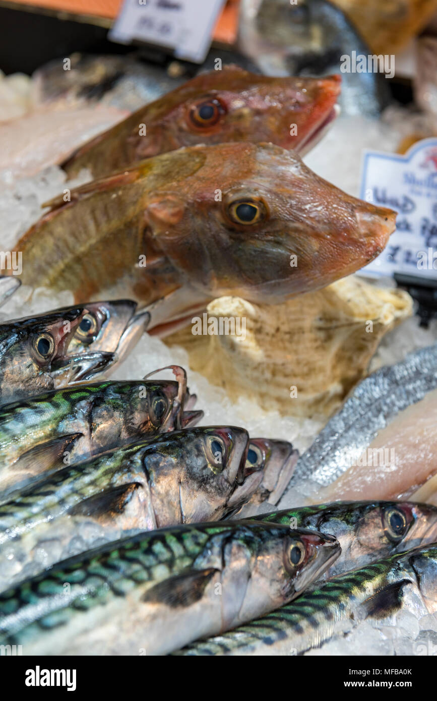 Fresh fish for sale on a wet fish fishmongers stall at borough market