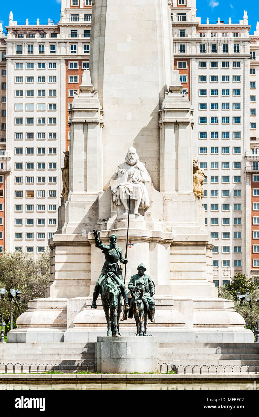 Sculpture of Don Quixote and Sancho Panzo on the Plaza de Espana, Madrid, Spain. Stock Photo