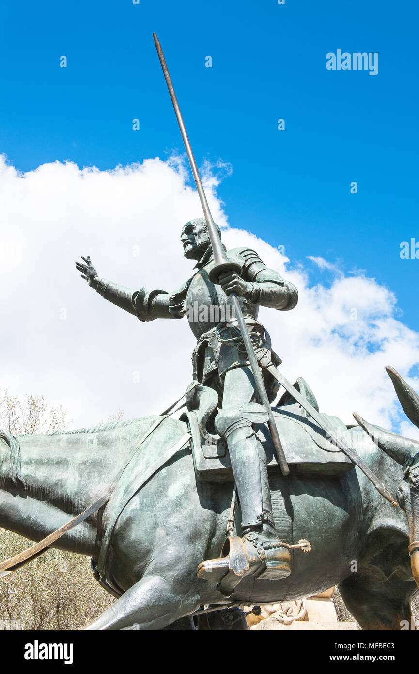 Sculpture of Don Quixote on the Plaza de Espana, Madrid, Spain. Fictional character of Miguel Cervantes novel,  who was a Spanish novelist, poet and p Stock Photo