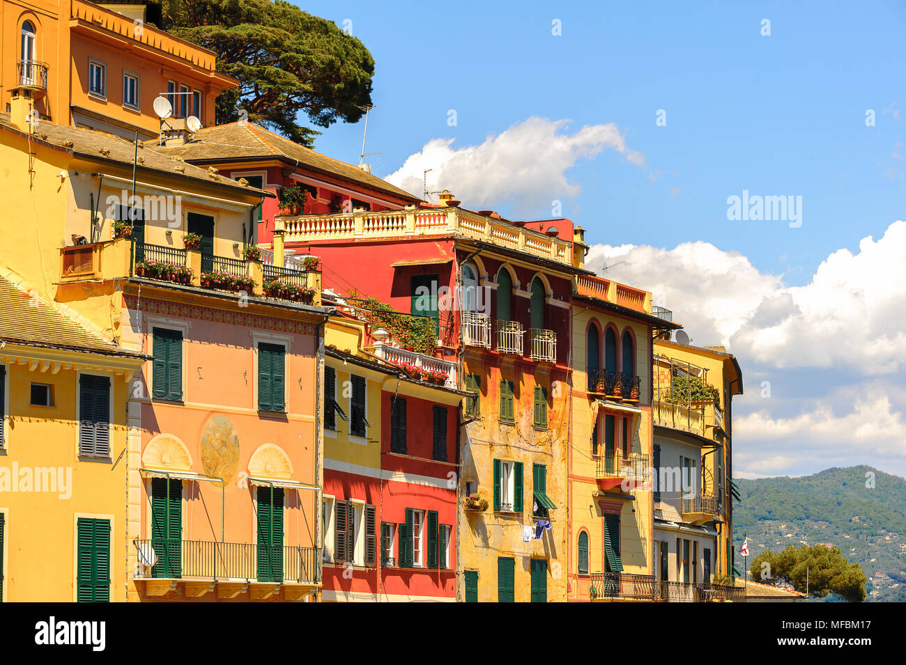 Close view of the colorful houses in Portofino, an Italian fishing