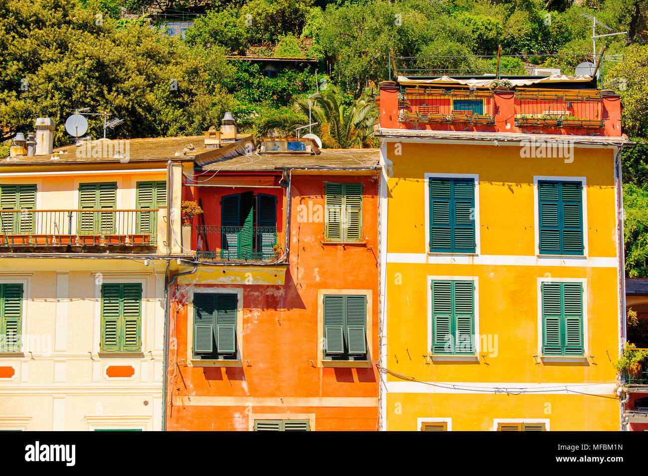 Close view of the colorful houses in Portofino, an Italian fishing