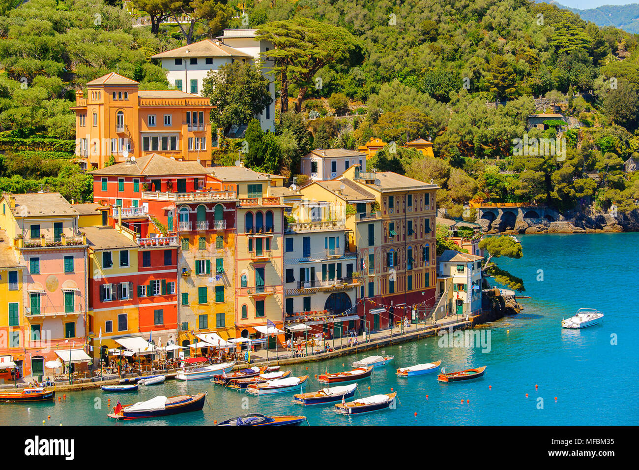 Close view of the colorful houses in Portofino, an Italian fishing