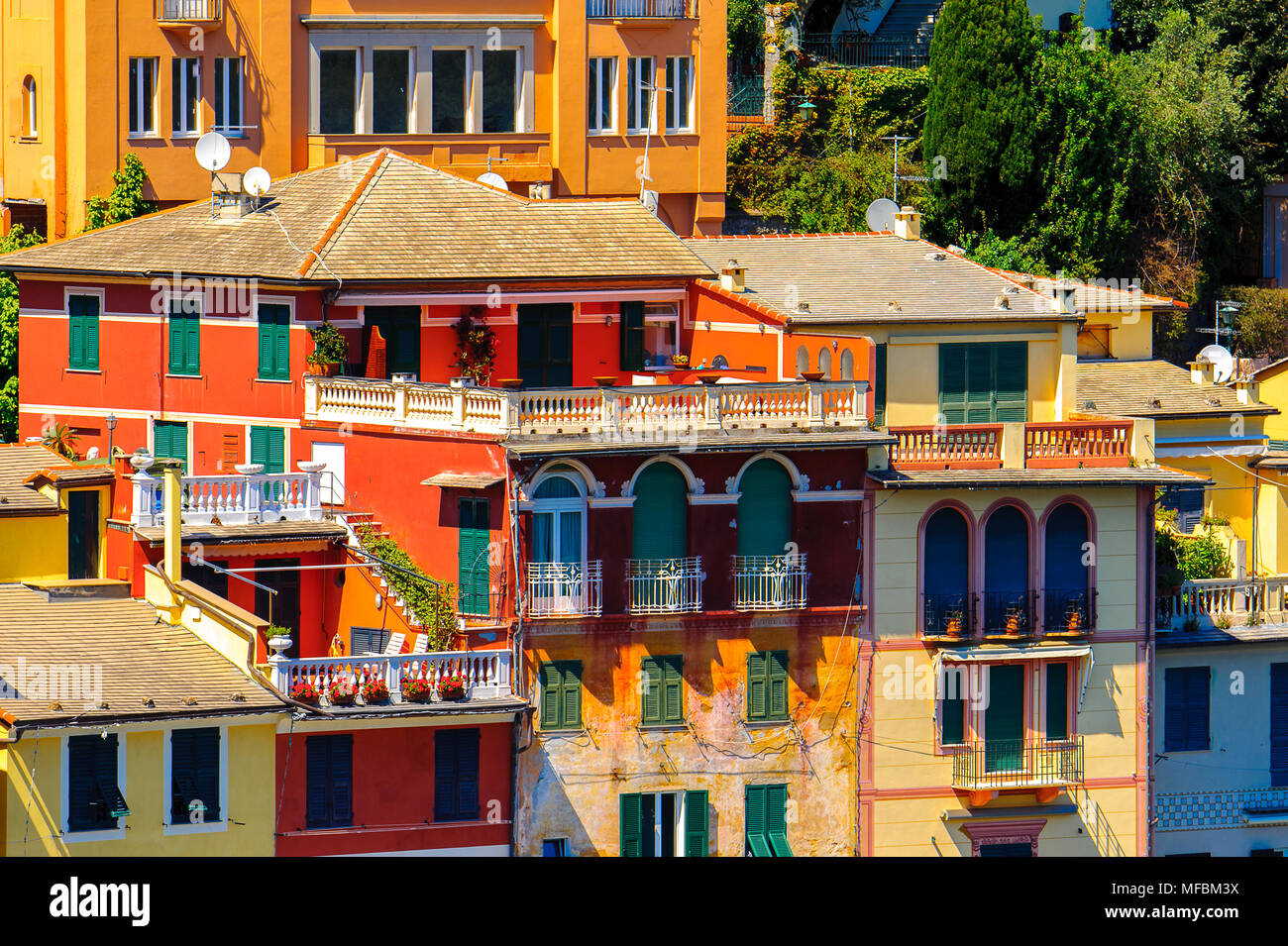 Close view of the colorful houses in Portofino, an Italian fishing