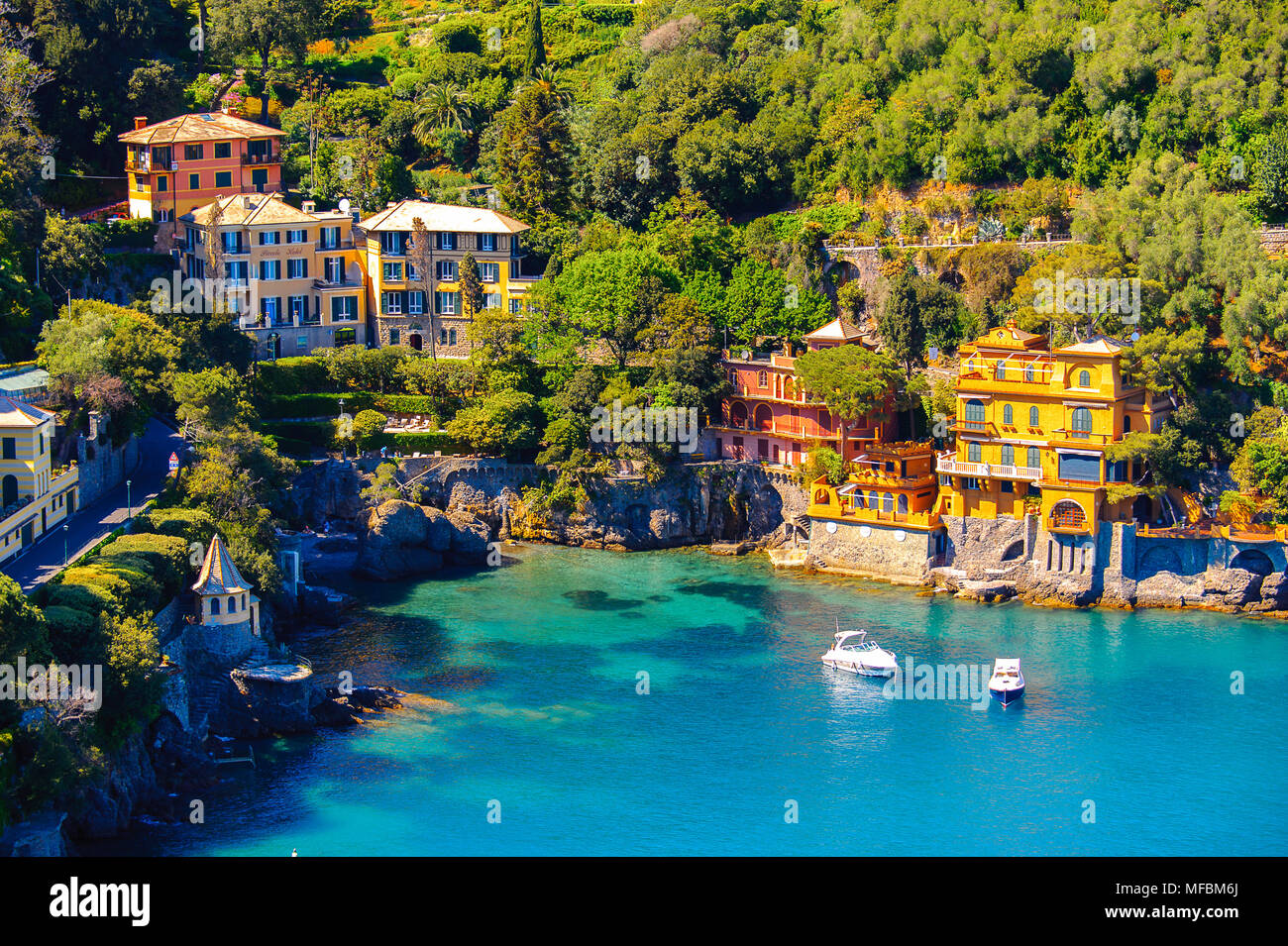 Aerial view of Portofino, an Italian fishing village, Genoa province