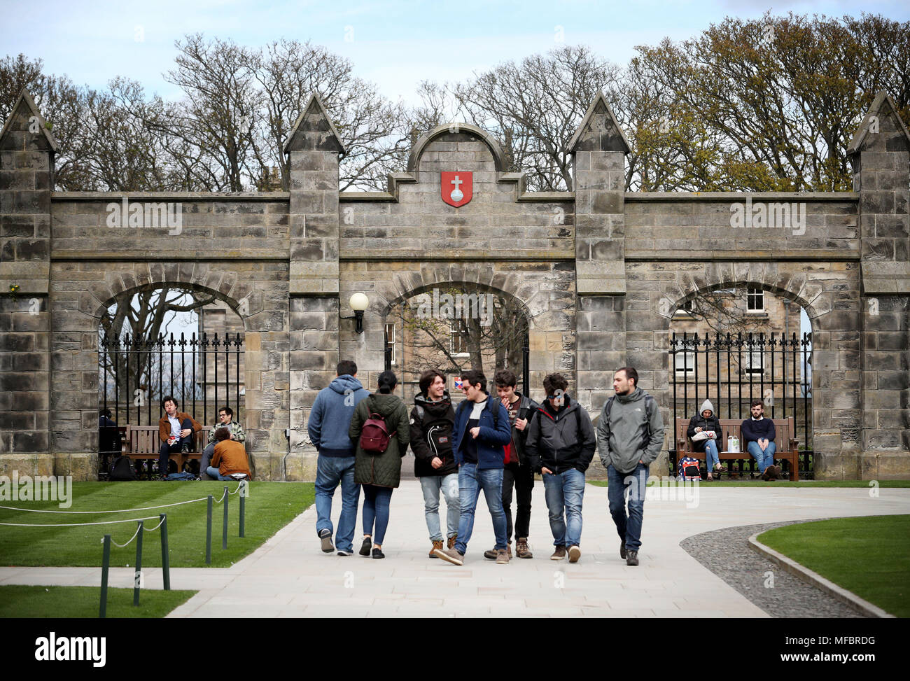 Students outside of the entrance to the Lower and Upper College Halls at the University of St Andrews. The University of St Andrews is top in Scotland and one of the five leading universities in the UK according to the new Complete University Guide's league table. Stock Photo