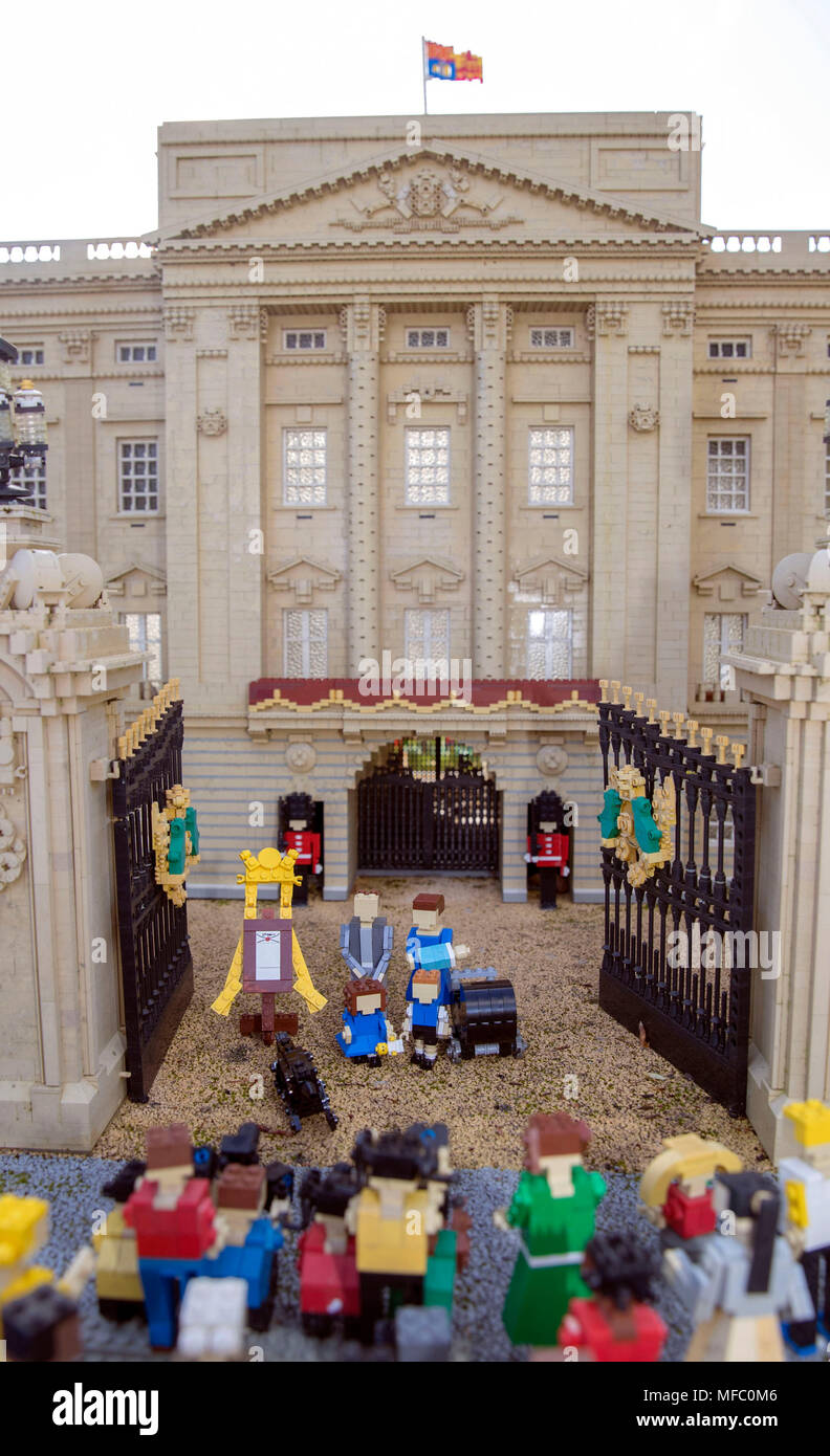 Lego figures of the Duke and Duchess of Cambridge and their family outside  the Buckingham Palace model at LEGOLAND Windsor Resort in Berkshire, which  has welcomed the latest Royal baby to its