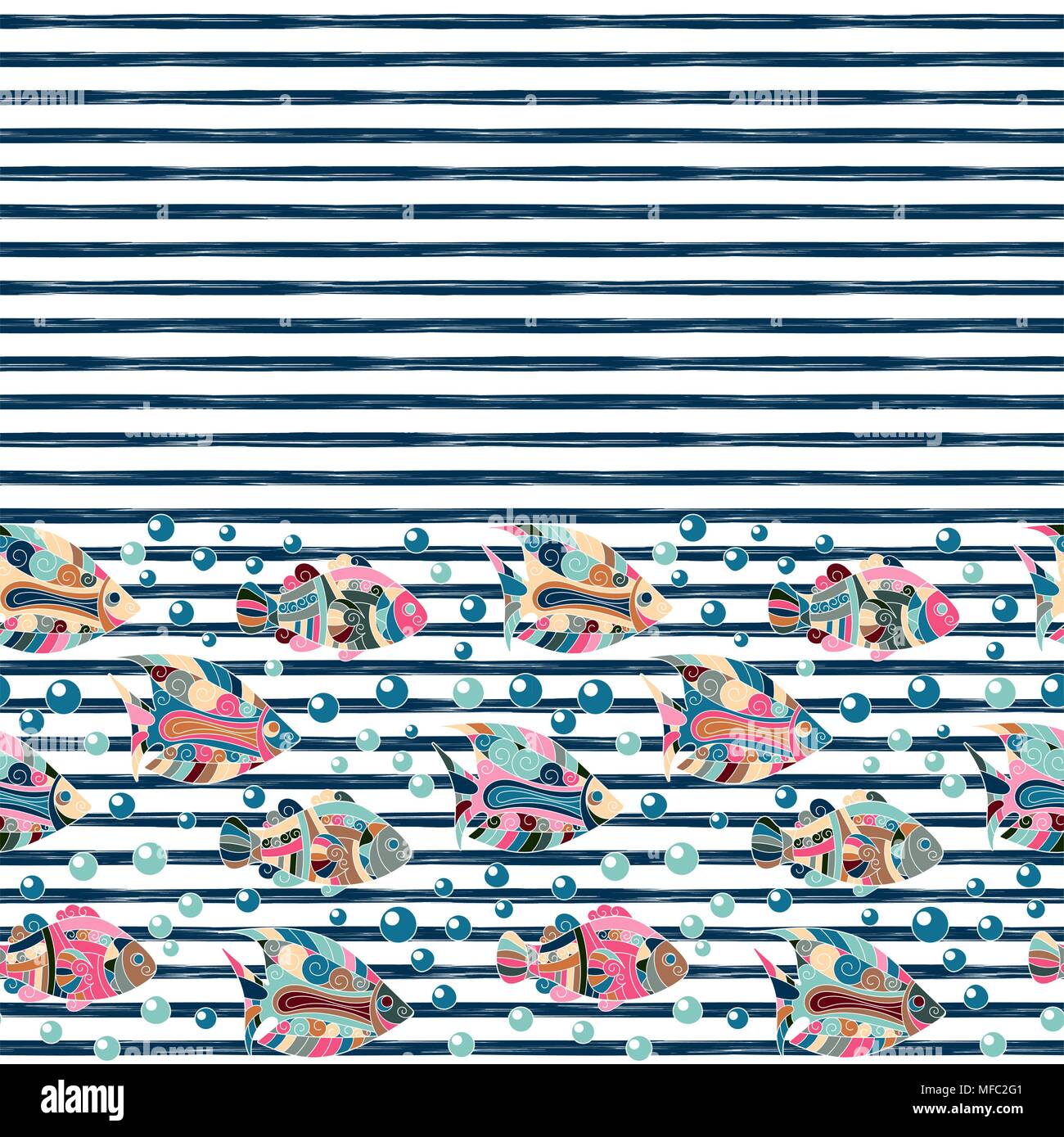 Seamless pattern with different fishes on striped background, vector illustration Stock Vector