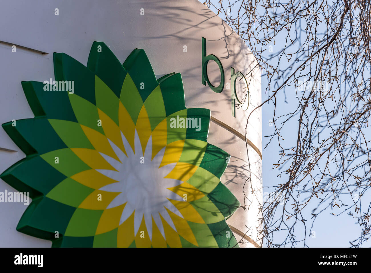 Northampton, UK - Feb 25, 2018: Day view of British Petroleum BP logo in town center. Stock Photo