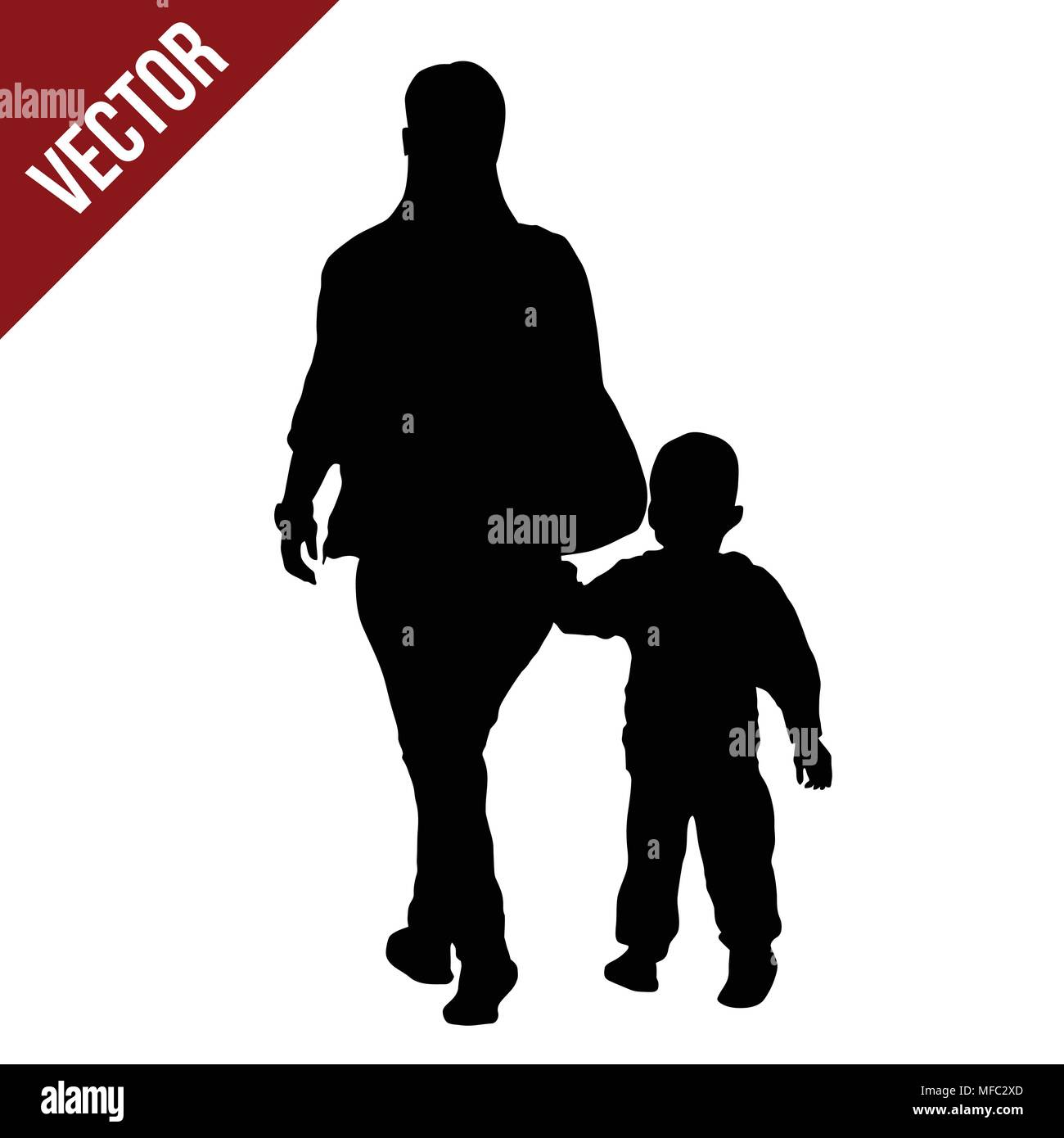 Silhouette of a mother walking by the hand with her son on white background, vector illustration Stock Vector