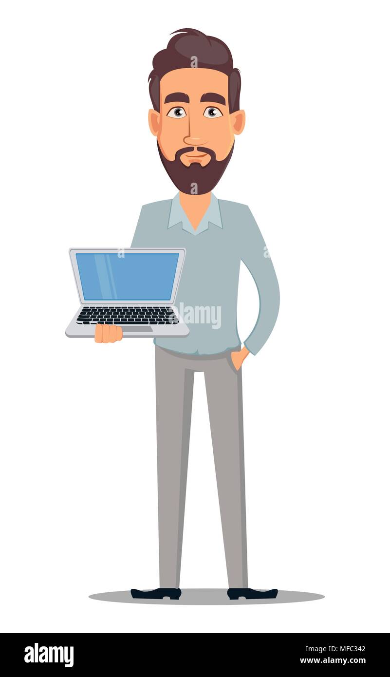Business man in casual clothes. Businessman cartoon character holding  laptop. Vector illustration on white background Stock Vector Image & Art -  Alamy