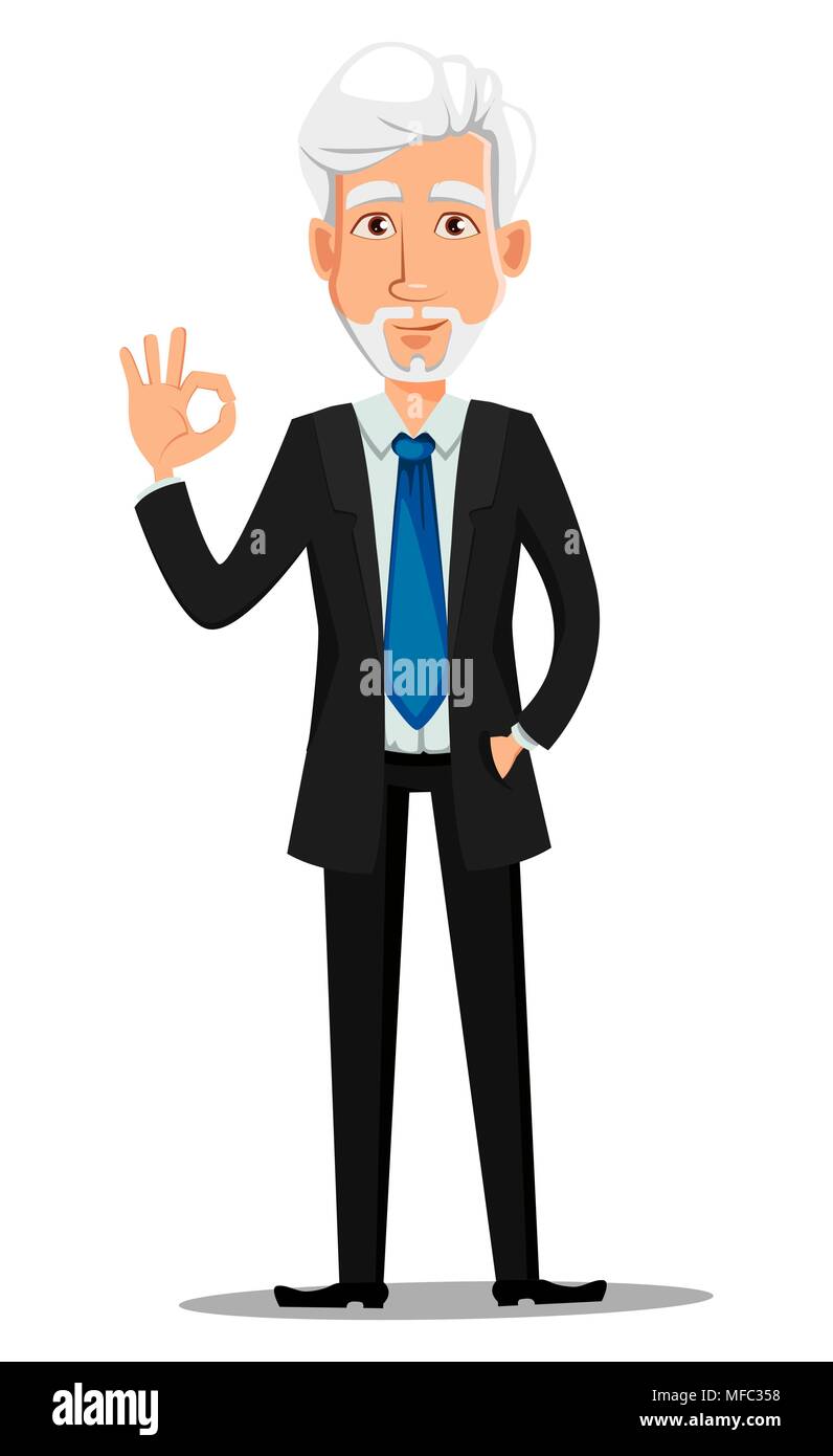 Business man in office style clothes with gray hair. Businessman cartoon  character showing ok sign. Vector illustration on white background Stock  Vector Image & Art - Alamy