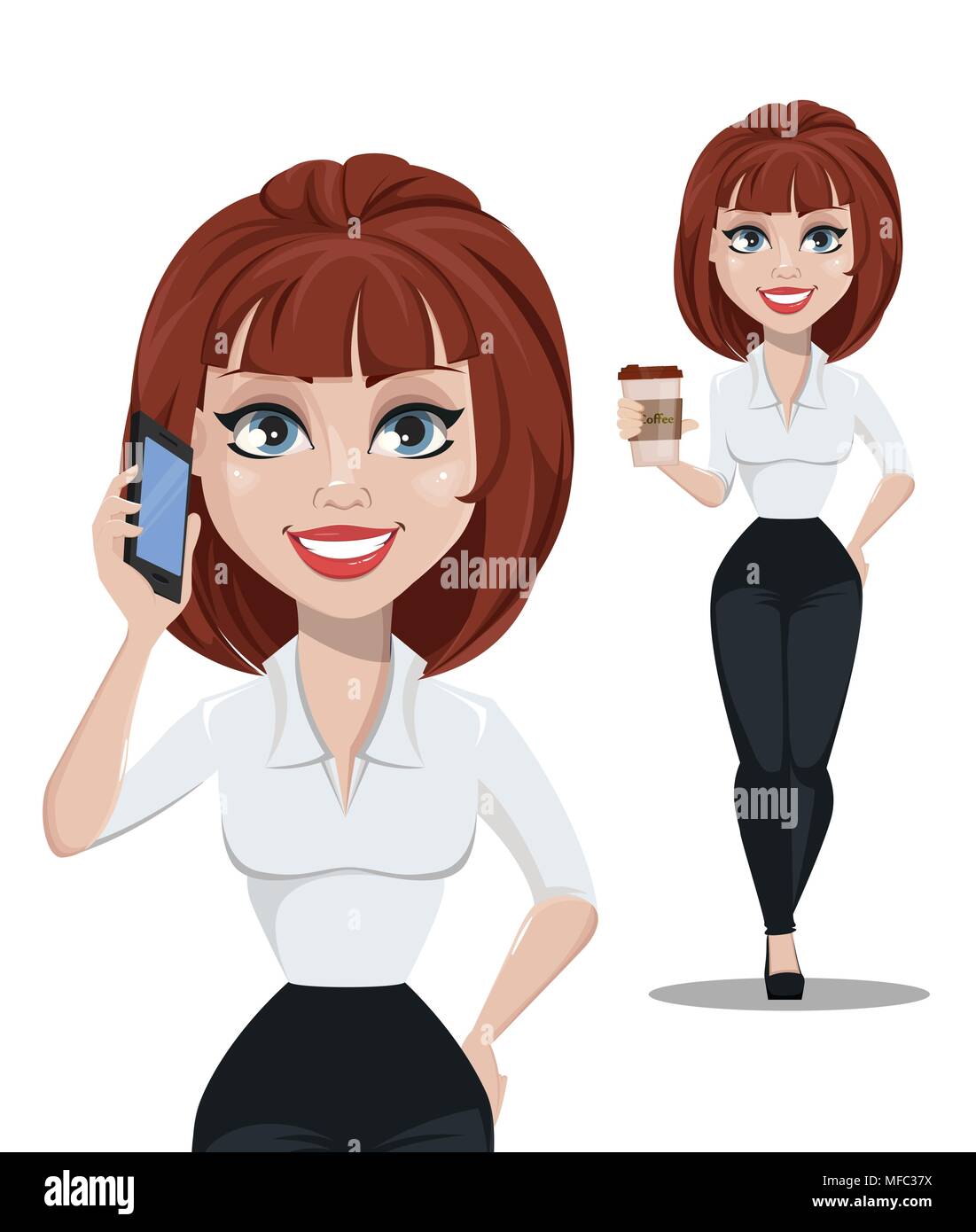 Business woman in office style clothes with brown hair. Businesswoman cartoon character, set with smartphone and with coffee. Vector illustration on w Stock Vector Image & Art - Alamy Business woman in office style clothes with brown hair. Businesswoman cartoon character, set with smartphone and with coffee. Vector illustration on w Stock Vector Image & Art - Alamy