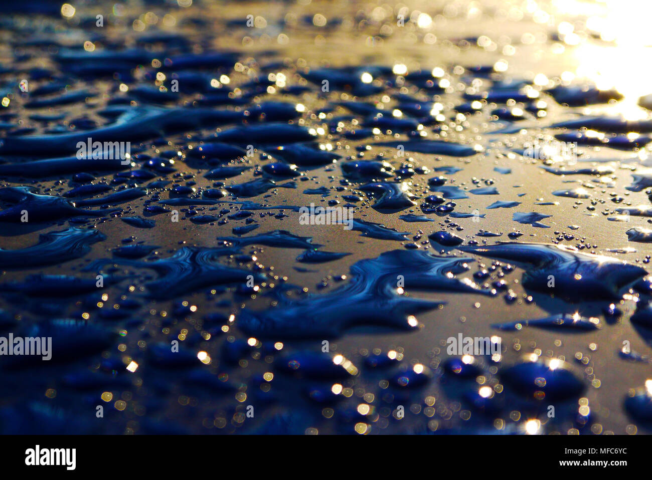 drops of water-repellent surface in black & blue and sun Stock Photo