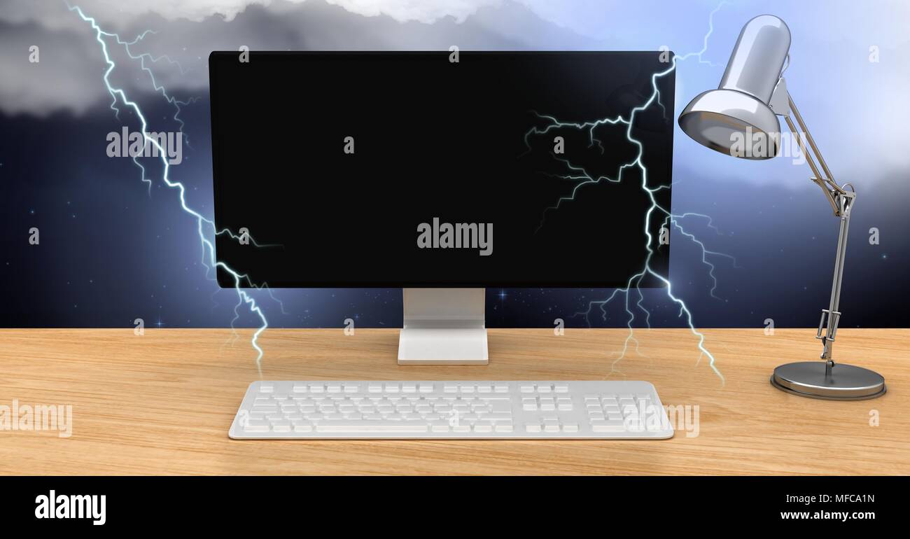 Lightning strikes and computer Stock Photo
