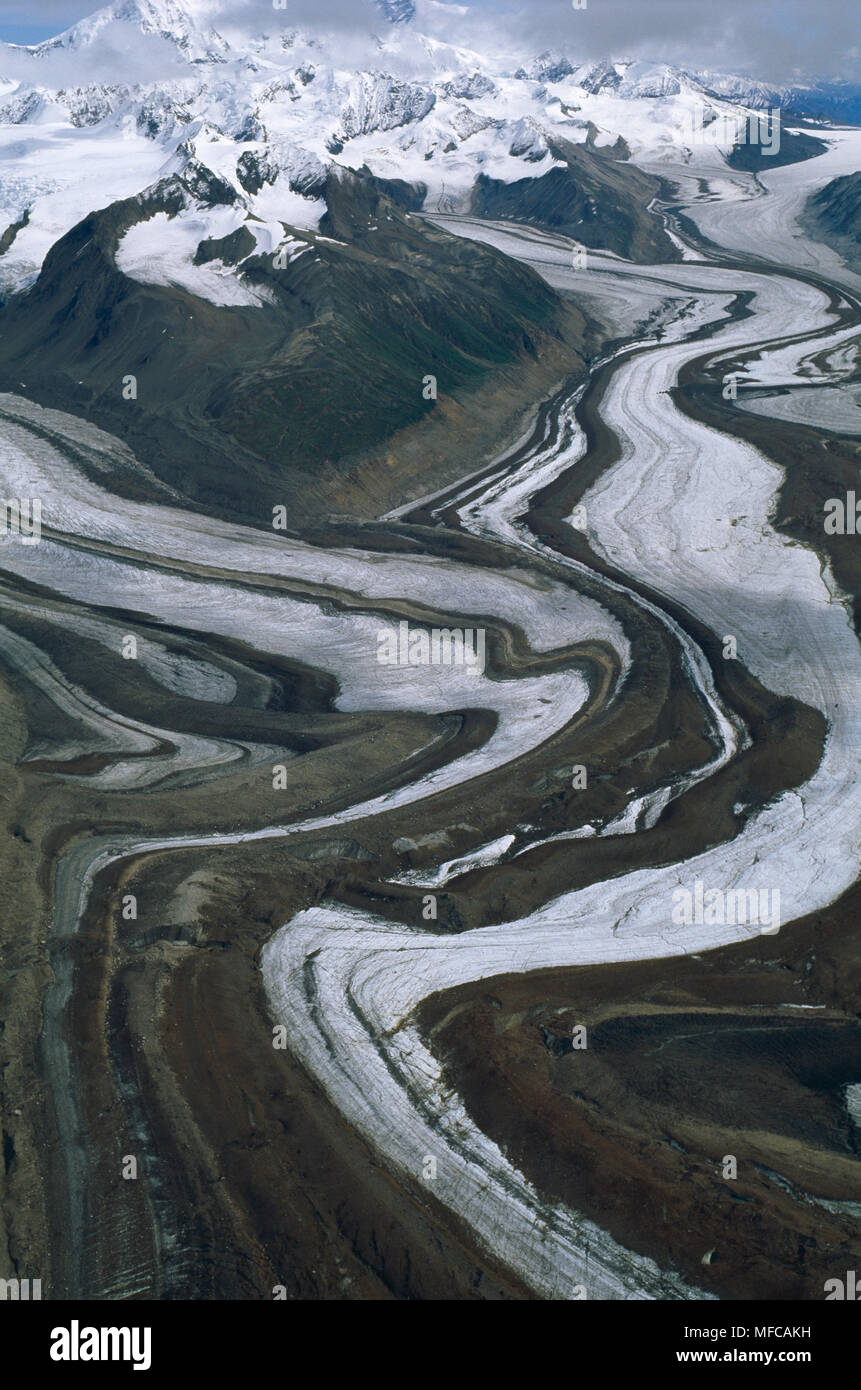 SUSITNA GLACIER  Aerial view showing complex medial  moraines, surging Alaska Range, Alaska, USA Stock Photo