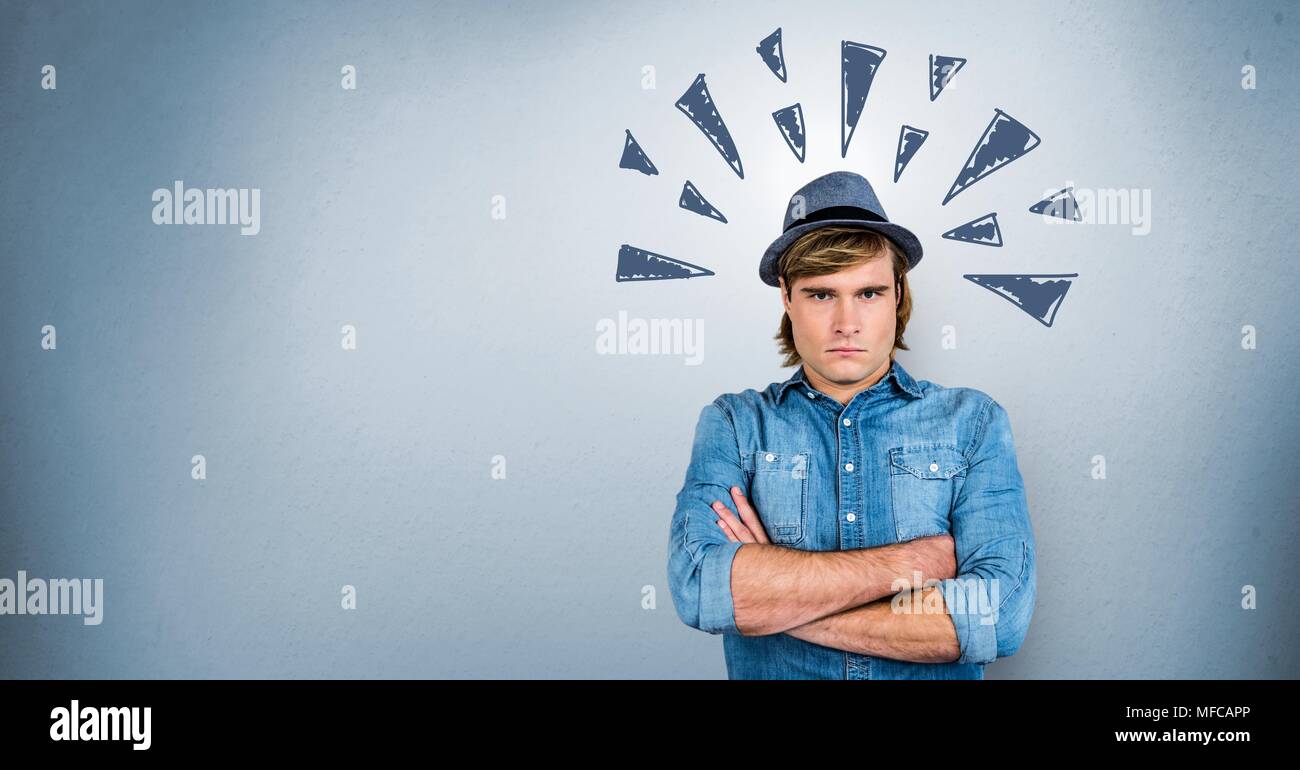 Grumpy angry man with triangle doodles on blue background Stock Photo