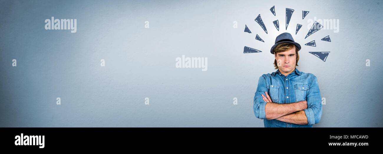 Grumpy angry man with triangle doodles on blue background Stock Photo