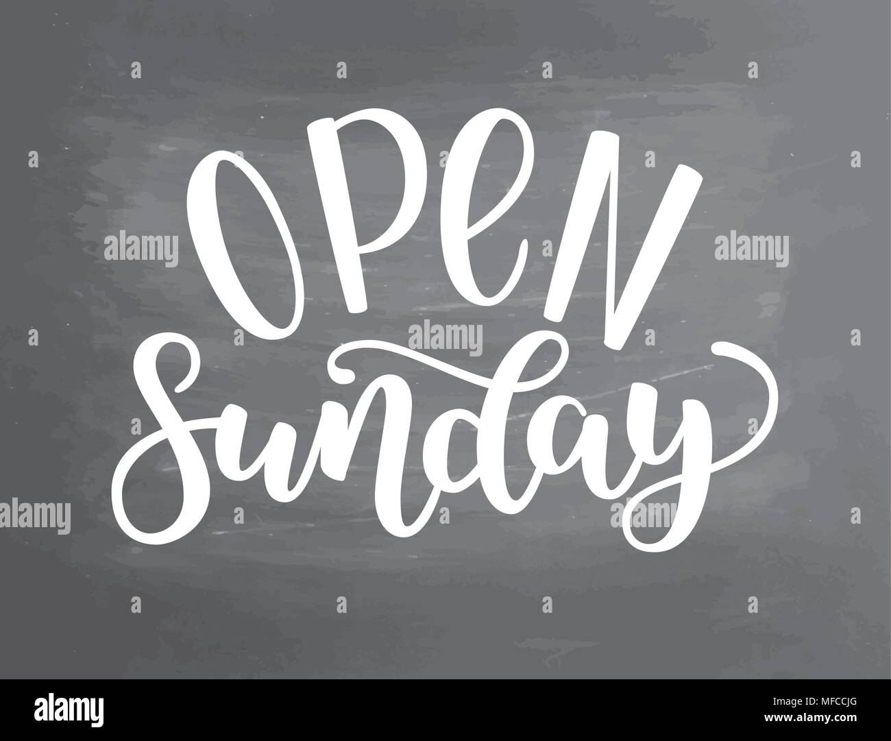 Open sunday handlettering isolated on textured chalkboard background, vector illustration. Brush ink lettering. Modern calligraphy for public places, shops and others Stock Vector