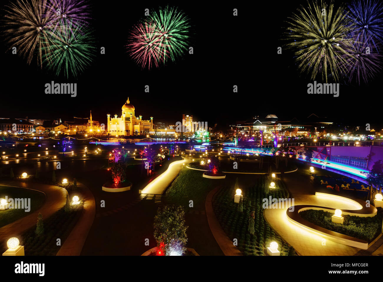 Night view of center in Bandar Seri Begawan with fireworks in sky