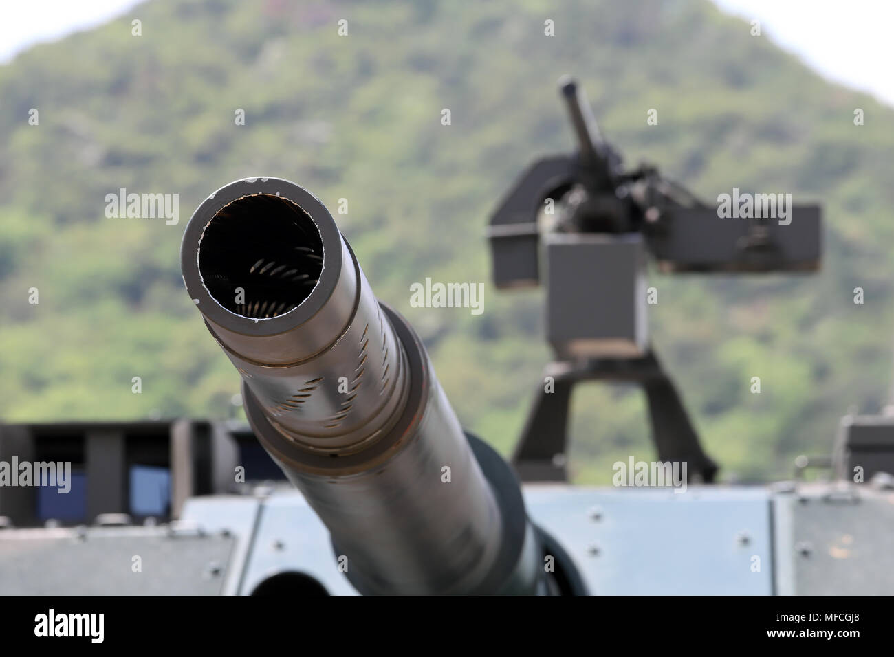Japanese military cannon of tank with machine gun Stock Photo