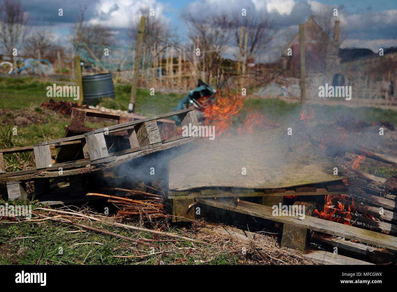Wooden pallets and general rubbish being burned on an allotment Stock