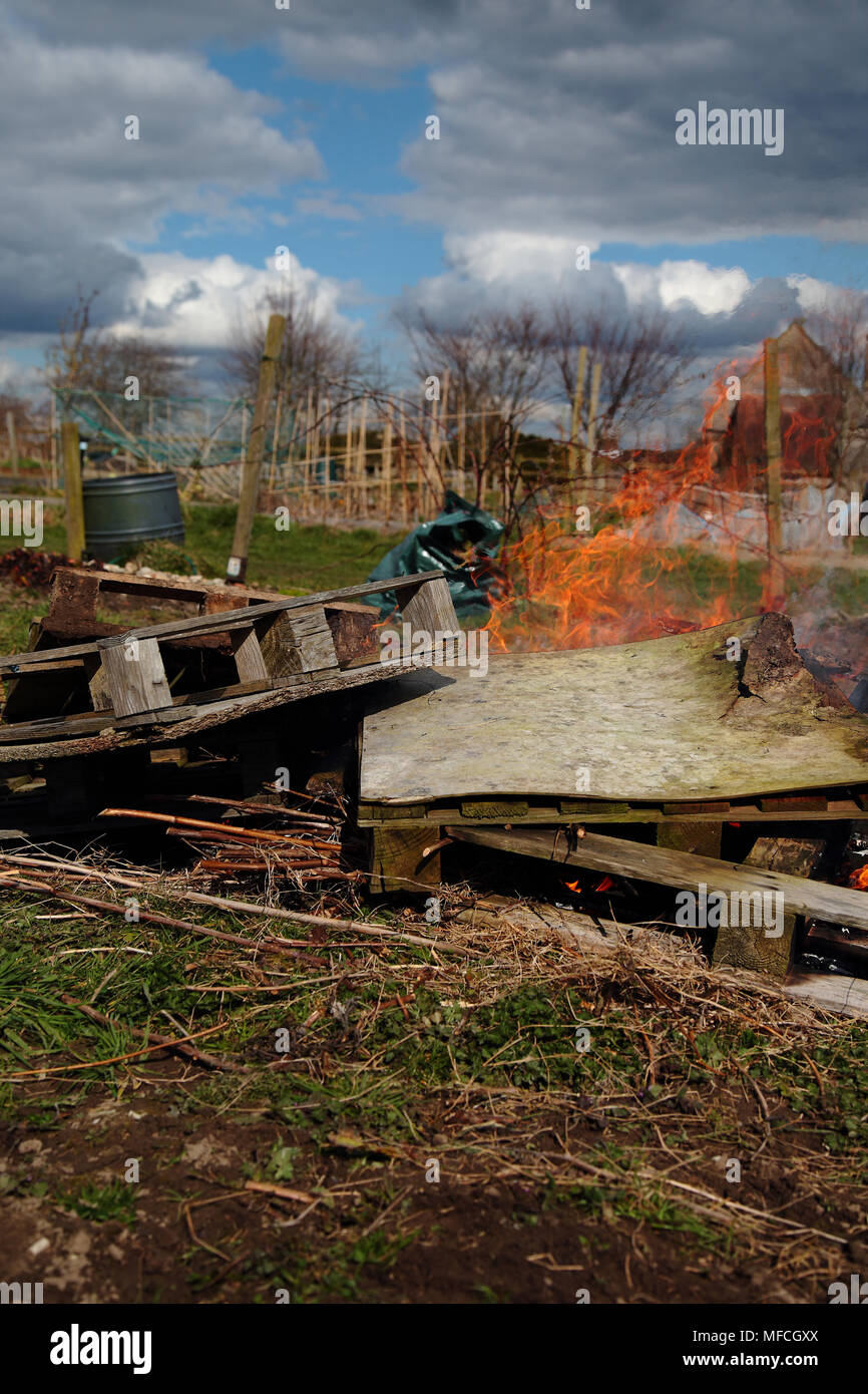 Wooden pallets and general rubbish being burned on an allotment Stock