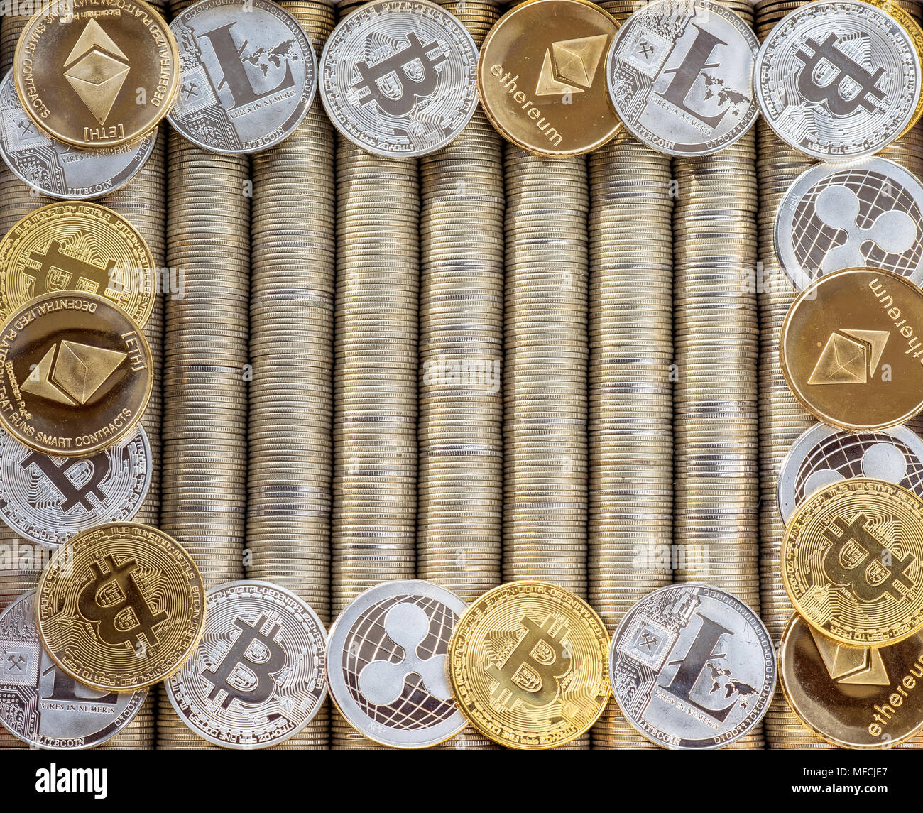 Silver Gold Crypto coins Ethereum ETH, Ripple XRP, Litecoin LTC, bitcoin  BTC. Free space for text. Metal coins are laid out in a flat background,  clos Stock Photo - Alamy