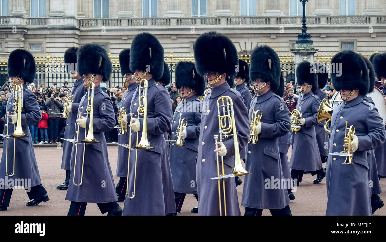 London / England - 02.07.2017: Royal Guard Music parade marching at the Buckingham Palace.  Trumpet players squad. Stock Photo